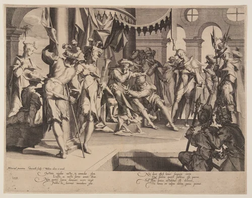 Judge Bias Shedding Tears, plate 9 from Thrones of Justice (Thronus Iustitiae) by Willem van Swanenburgh, print, 1606