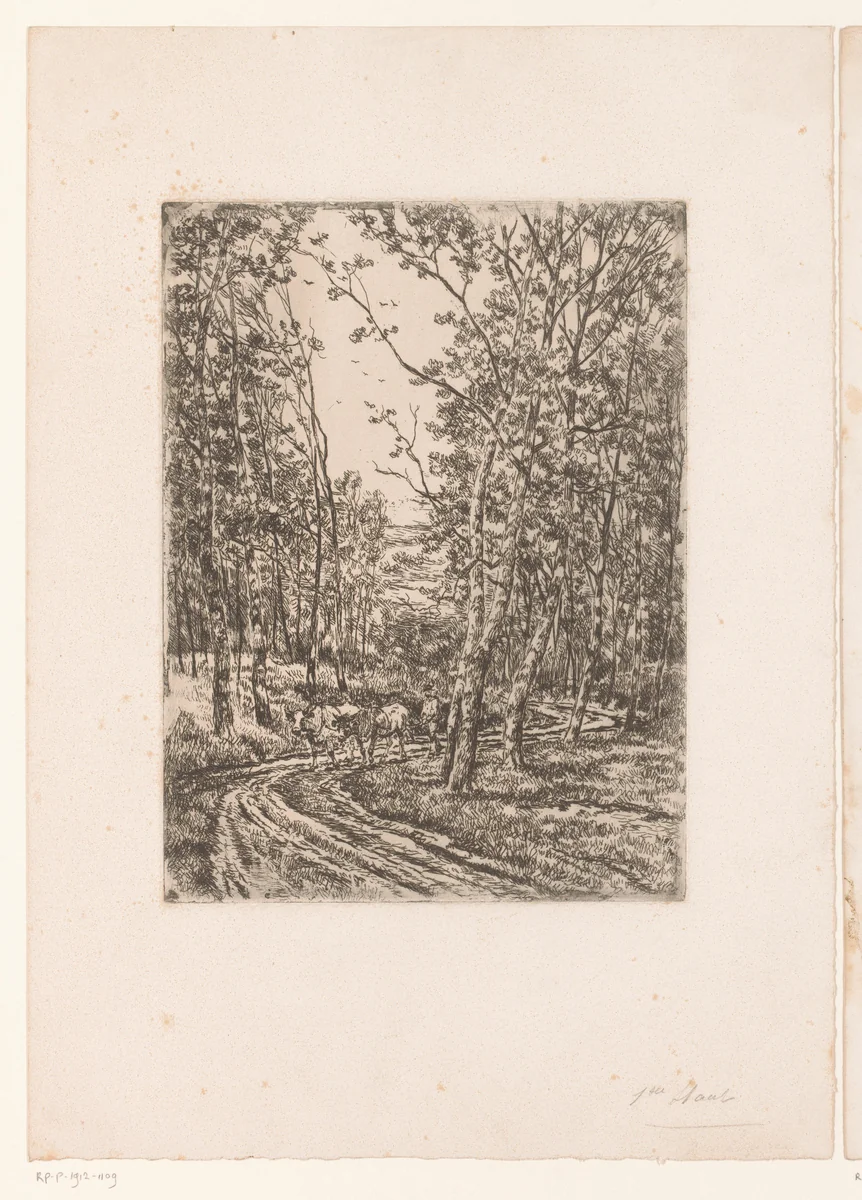 Man met twee koeien op een bosweg in de omstreken van Eikevliet by Jozef van Luppen, print, 1844-1891