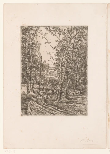 Man met twee koeien op een bosweg in de omstreken van Eikevliet by Jozef van Luppen, print, 1844-1891