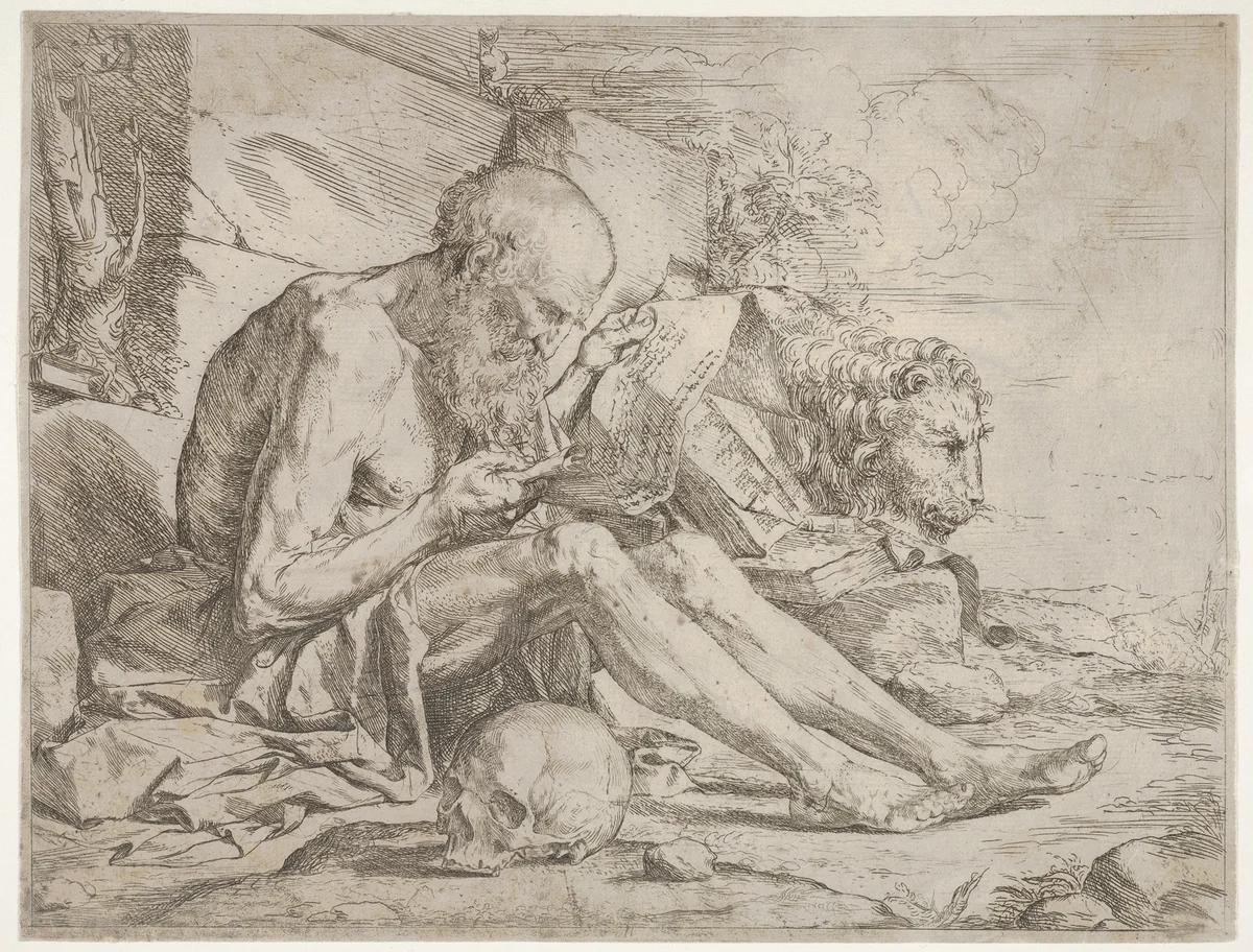 St. Jerome seated on the ground and reading an inscribed scroll, a skull next to his right leg and a lion beyond by Jusepe de Ribera, print, 1619-1629