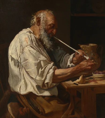 Old Man Lighting a Pipe by Johann Carl Loth, painting, 1655-1665