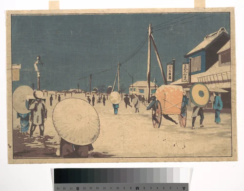 Street Scene in the Outskirts of Edo on an Evening in Winter by Kobayashi Kiyochika, print, 1868-1888