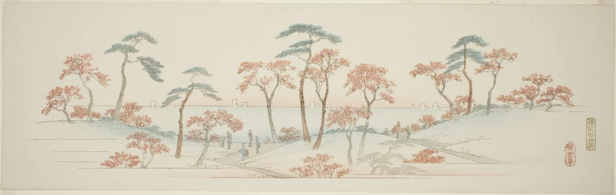 Maples at Kaianji Temple (Kaianji koyo), from an untitled series of famous views of the Edo suburbs by Utagawa Hiroshige (歌川広重), print, 1834-1845