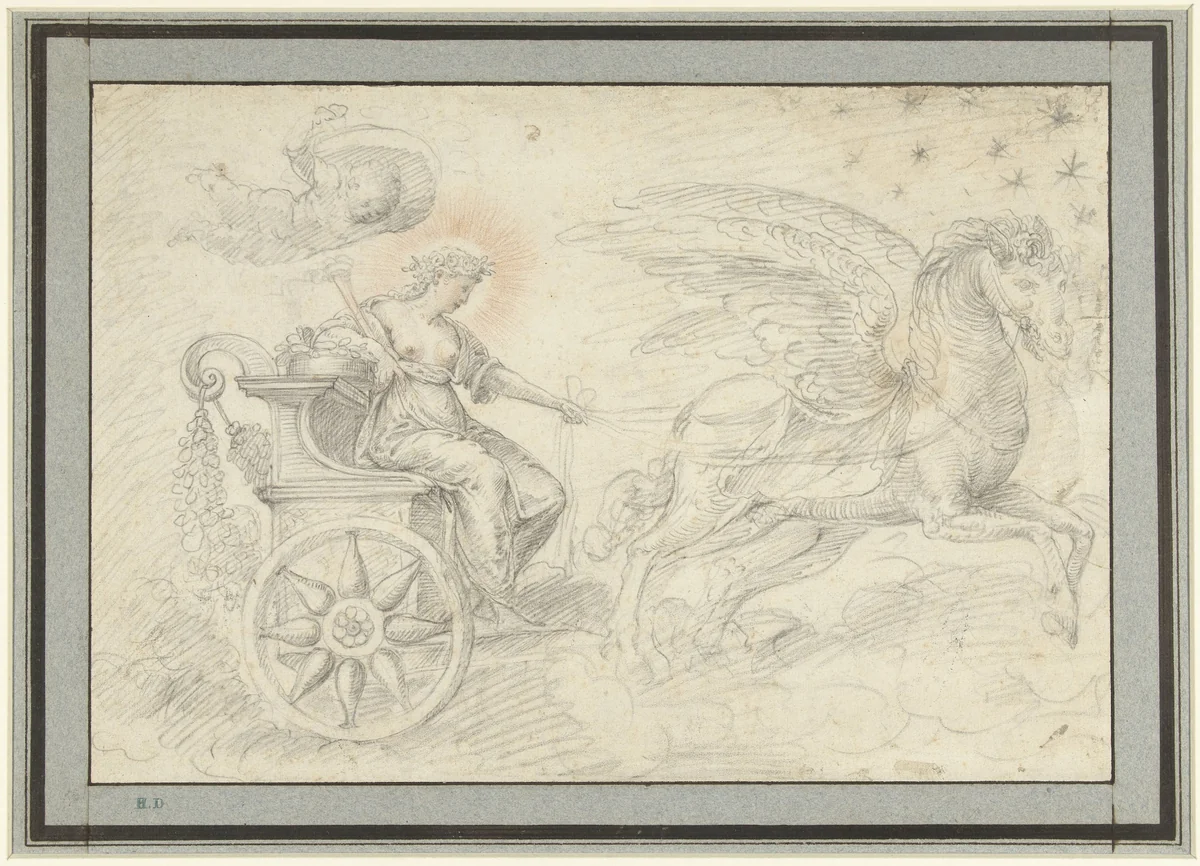 Selene ment haar wagen door het luchtruim by Unknown, drawing, 1558-1612