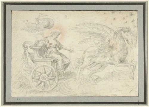 Selene ment haar wagen door het luchtruim by Unknown, drawing, 1558-1612