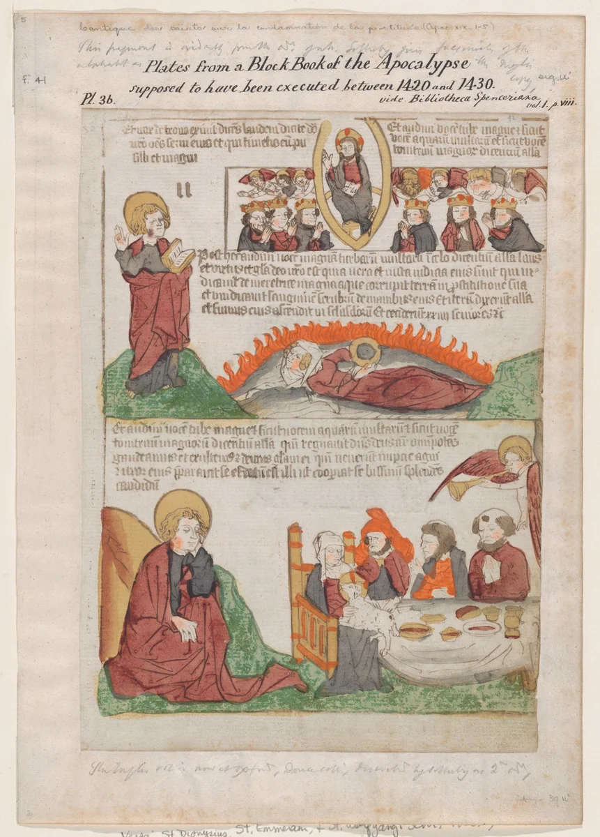 Song of Praise in Heaven over the Fall of the Whore of Babylon; The Wedding of the Lamb from an Apocalypse block book, 2nd edition by anonymous, print, 1440-1450