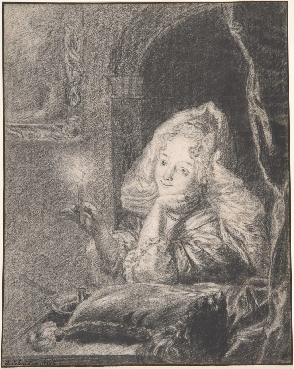 Young Woman Seated at a Table, Holding a Candle by Godfried Schalcken, drawing, 1663-1706