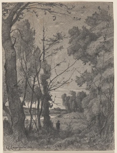 Wooded Landscape beside a River by Henri Joseph Harpignies, drawing, 1861