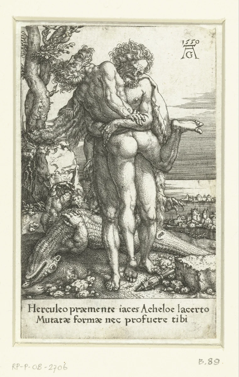 Hercules vecht tegen de riviergod Achelus by Unknown, print, 1550