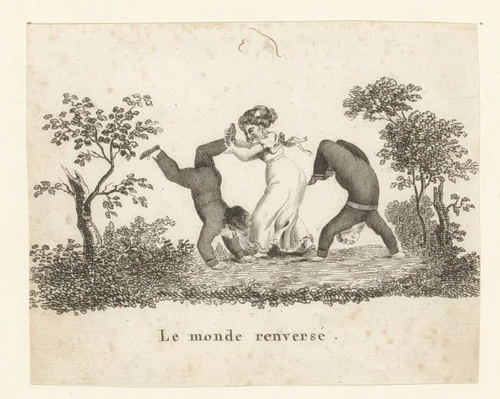 Twee jongens doen een handstand en een meisje helpt by anonymous, print, 1800-1899