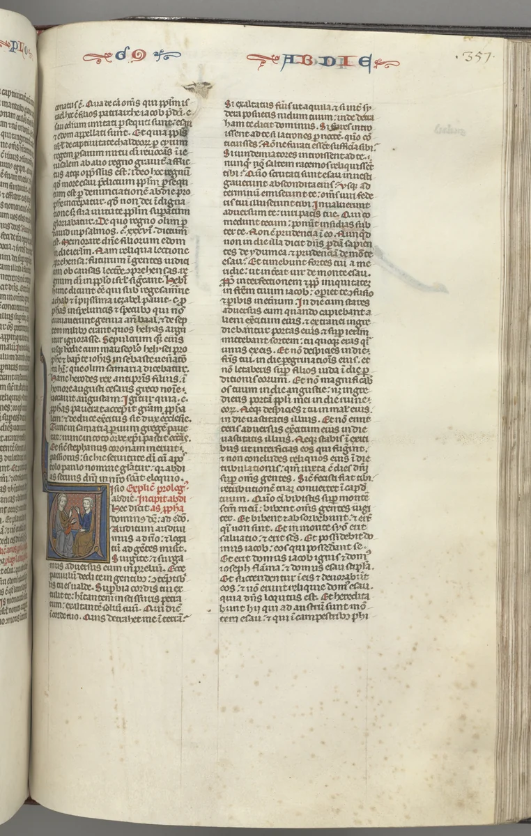 Fol. 357r, Obadiah, historiated initial V, Obadiah and a Jew in discussion by Unknown, book, 1270-1300