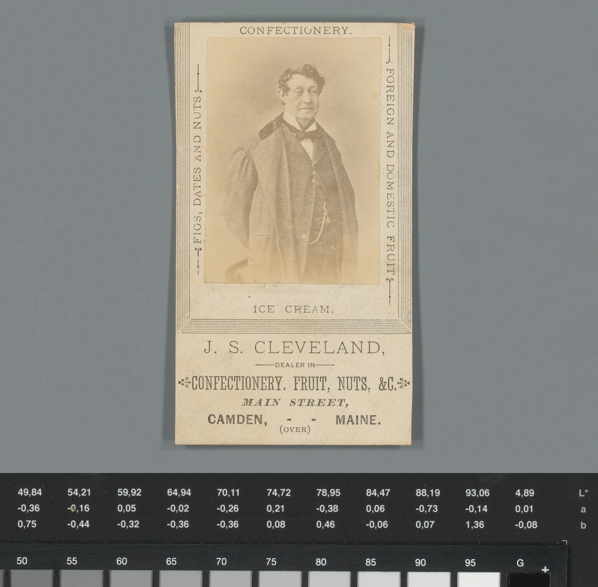 Reclame voor de handel van J.S. Cleveland in Camden, Maine, met portret van een onbekende man by anonymous, photograph, 1850-1915