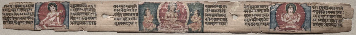 Bodhisattva Manjushri with two forms of Avalokiteshvara, folio 348 (recto) from a Gandavyuha-sutra (Scripture of the Supreme Array) by Unknown, painting, 1000-1199