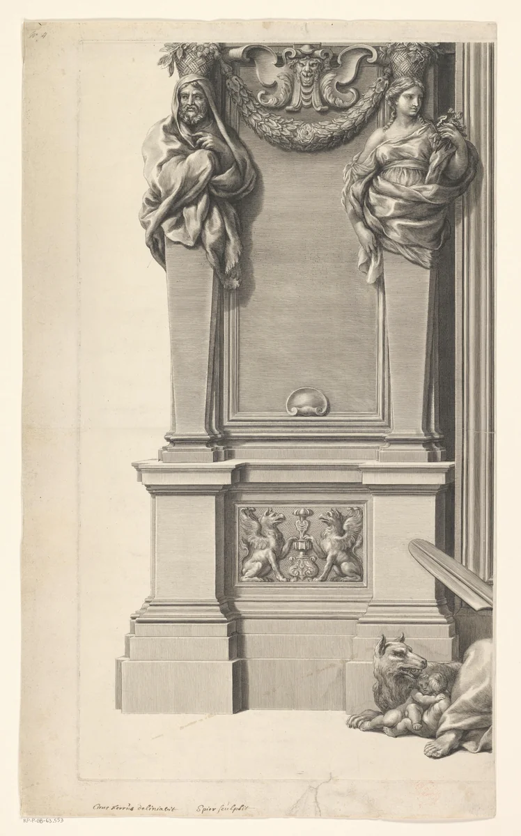 Offer op tempelplein in monumentale omlijsting (deel linksonder) by François Spierre, print, 1649-1681