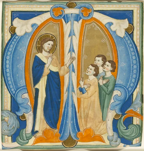 Christ Blessing Three Young Men, initial M from a Gradual by Maestro Daddesco, painting, 1320-1330