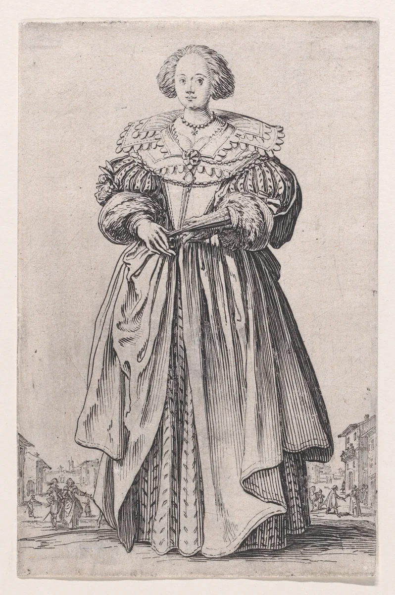 La Dame a l'Eventail (The Lady with a Fan), from "La Noblesse" (The Nobility) by Jacques Callot, print, 1618-1628