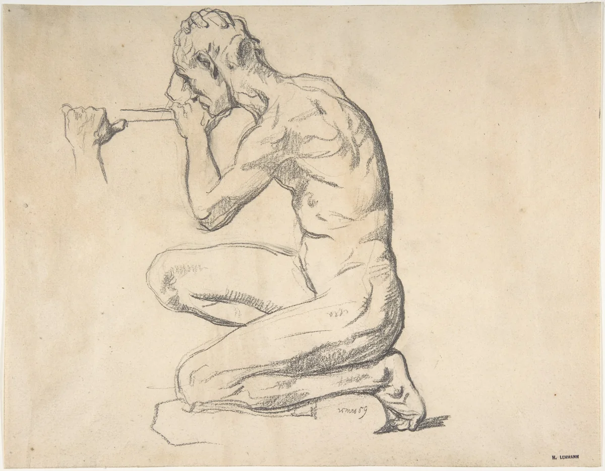 Kneeling Nude Male Figure, Facing Left by Henri Lehmann, drawing, 1859