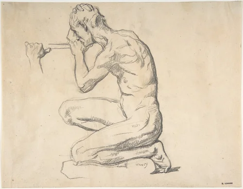 Kneeling Nude Male Figure, Facing Left by Henri Lehmann, drawing, 1859