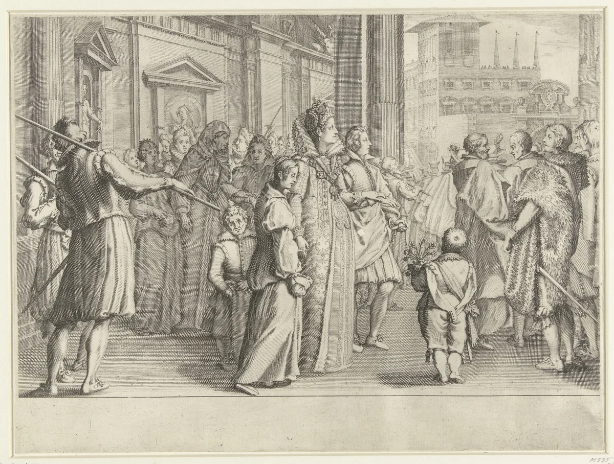 Christina van Lotharingen begeleidt een jong stel naar de kerk by Jacques Callot, print, 1614-1620