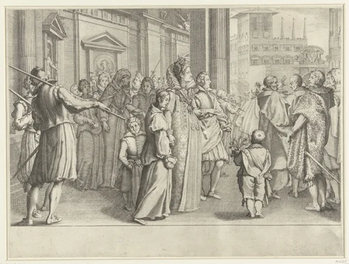 Christina van Lotharingen begeleidt een jong stel naar de kerk by Jacques Callot, print, 1614-1620