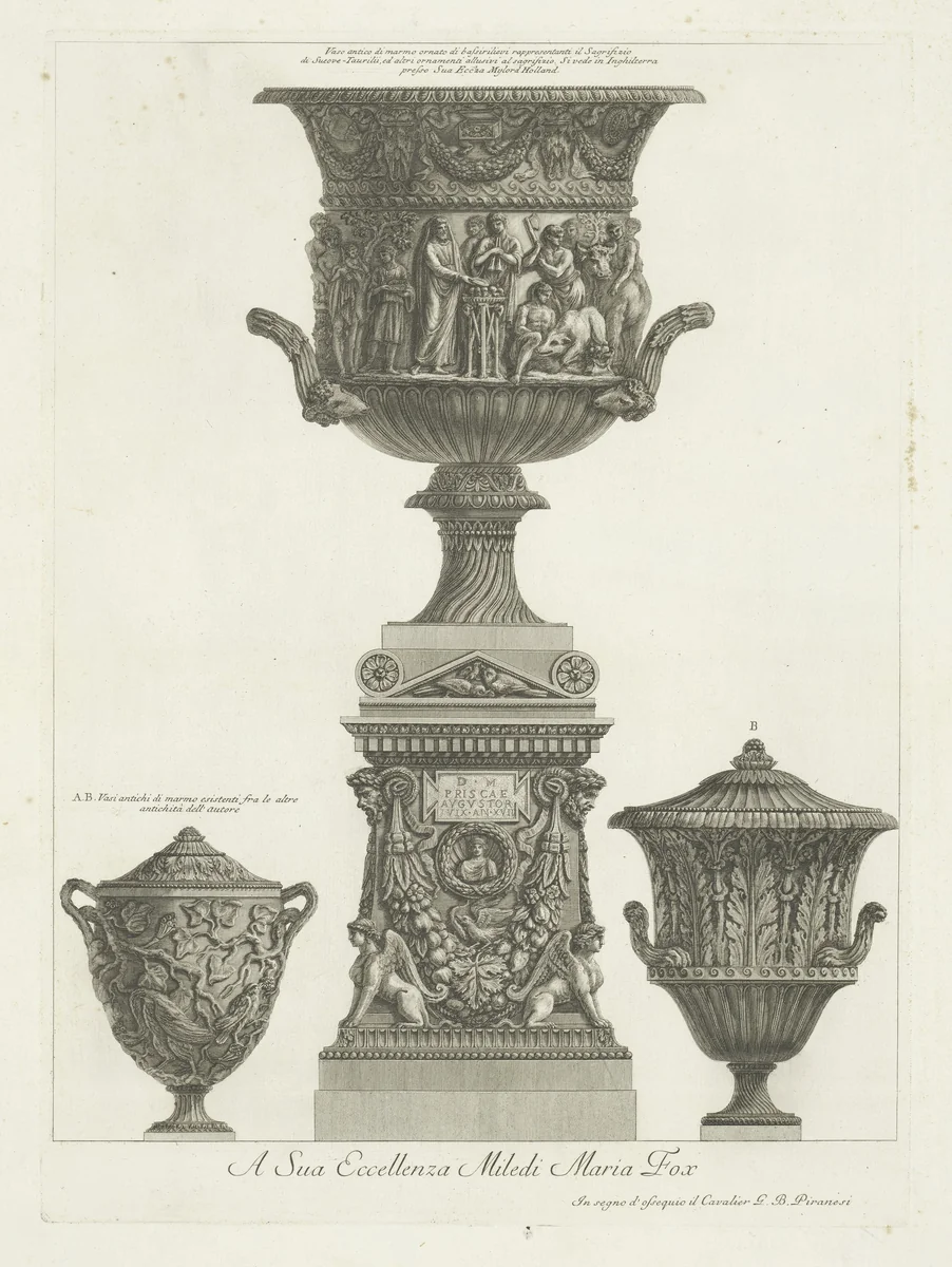 Drie vazen waarvan een op voetstuk by Giovanni Battista Piranesi, print, 1778