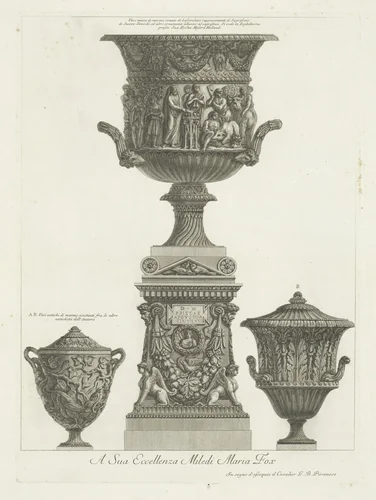 Drie vazen waarvan een op voetstuk by Giovanni Battista Piranesi, print, 1778