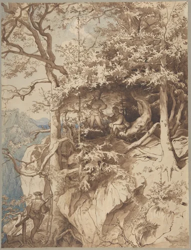 Hunters in an Outlook on a Mountain by August Leopold Venus, drawing, 1865-1875