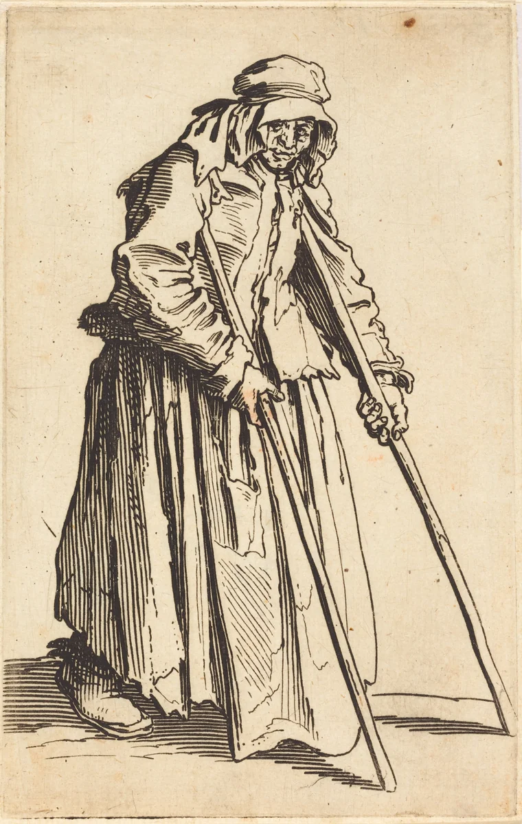 Beggar Woman with Crutches by Jacques Callot, print, 1622