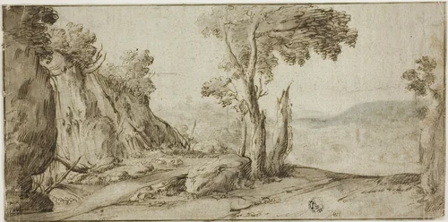 Rocks and Trees on Edge of Hill by Lodewijk de Vadder, drawing, 1600-1699