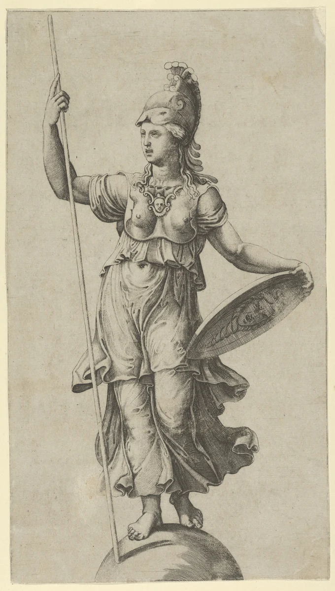 Pallas Athena standing on a globe, holding a spear in her left hand and her shield in her right by anonymous, print, 1515-1525