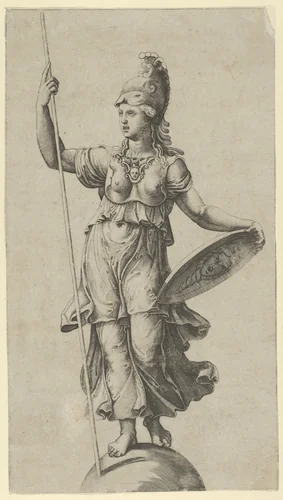 Pallas Athena standing on a globe, holding a spear in her left hand and her shield in her right by anonymous, print, 1515-1525