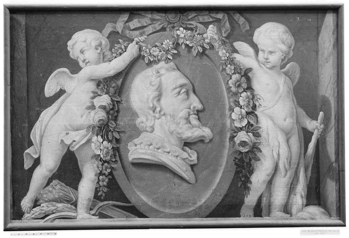 Bust of Henri IV in oval medallion with blue ground supported by two cupids by French Painter, painting, 1700-1799