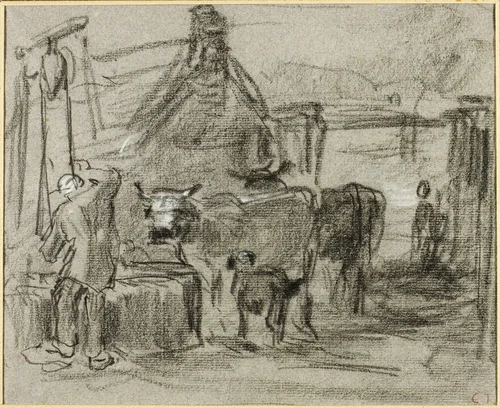 Farmyard with Man and Cattle by Constant Troyon, drawing, 1830-1865