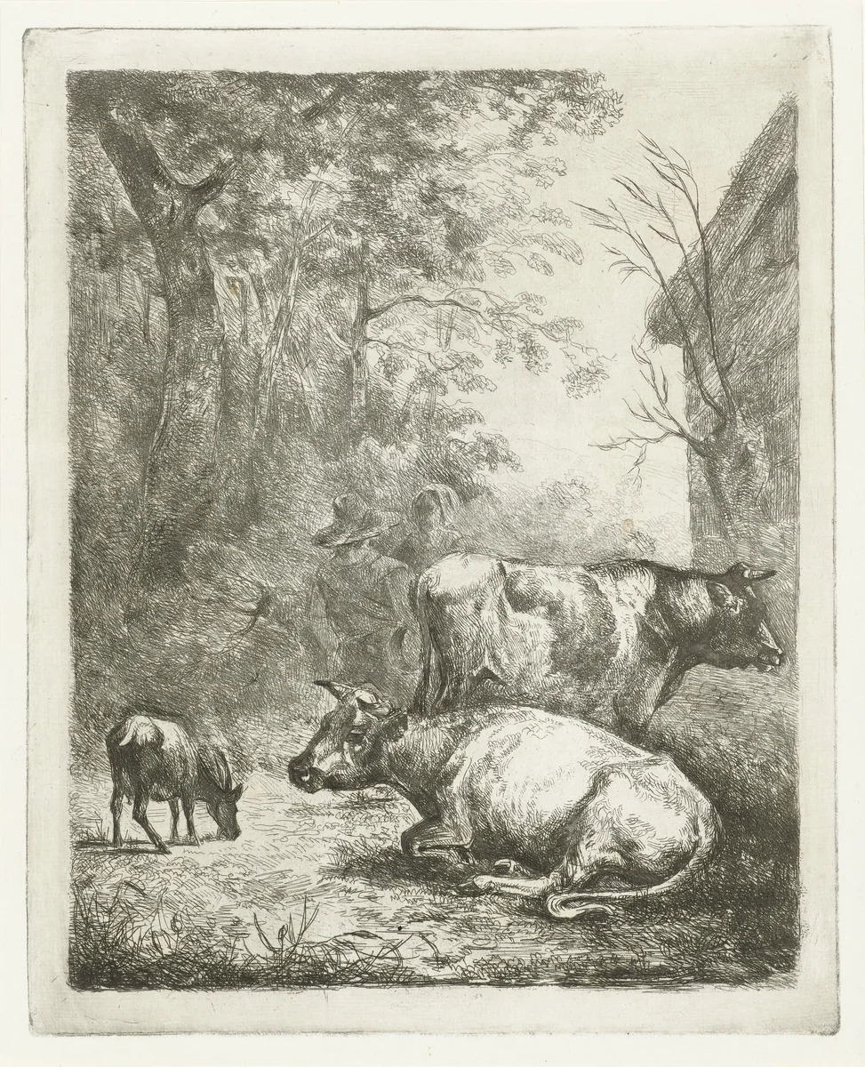 Boerenerf met twee koeien, een bokje en een pratend stel by Antonie Franciscus Dona, print, 1853