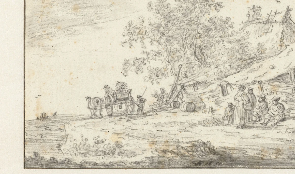 Vijf figuren rustend voor een boerenwoning by Jan van Goyen, drawing, 1651