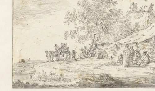 Vijf figuren rustend voor een boerenwoning by Jan van Goyen, drawing, 1651