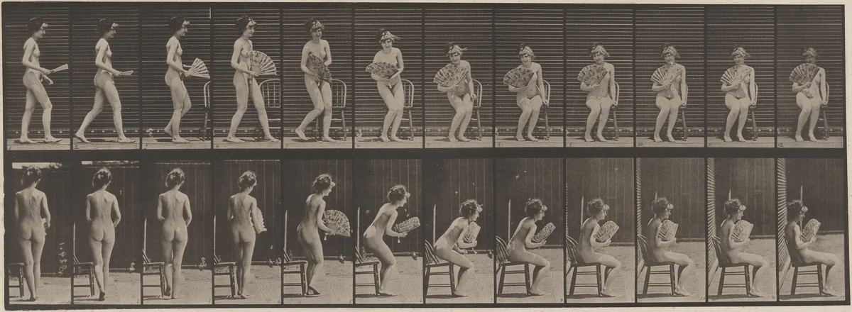 Plate Number 237. Sitting down on a chair and opening a fan by Eadweard Muybridge, photograph, 1887