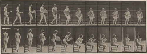 Plate Number 237. Sitting down on a chair and opening a fan by Eadweard Muybridge, photograph, 1887