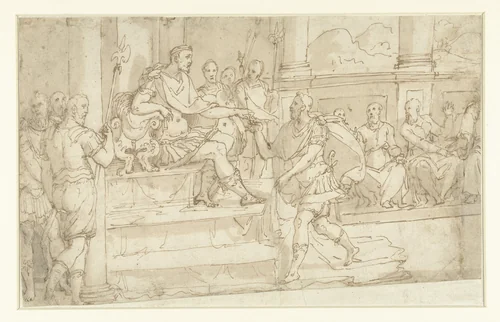 Veldheer in een vergadering voor zijn vorst tredend by Unknown, drawing, 1538-1590