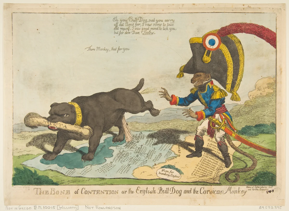 The Bone of Contention or the English Bull Dog and the Corsican Monkey by Charles Williams, print, 1803