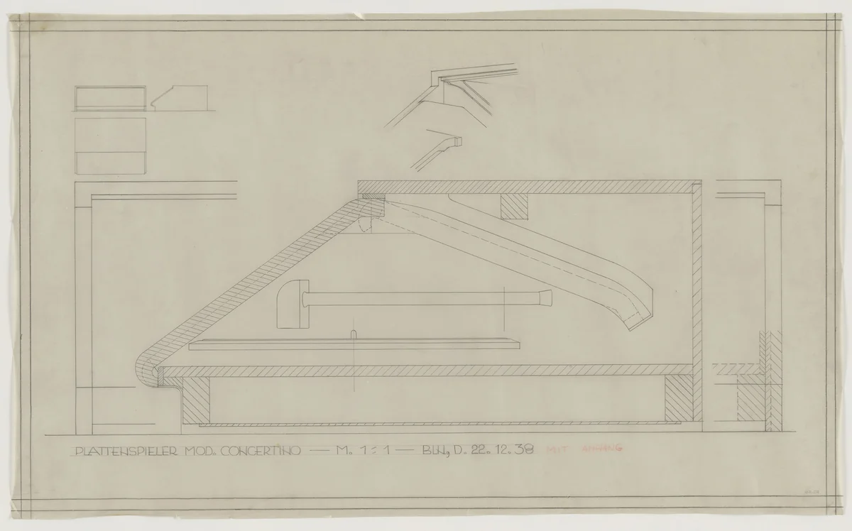 Design for Telefunken Record Player, Concertino record-player. Elevations, plan, section, and perspective of details. by Lilly Reich, mies van der rohe archive, 1938