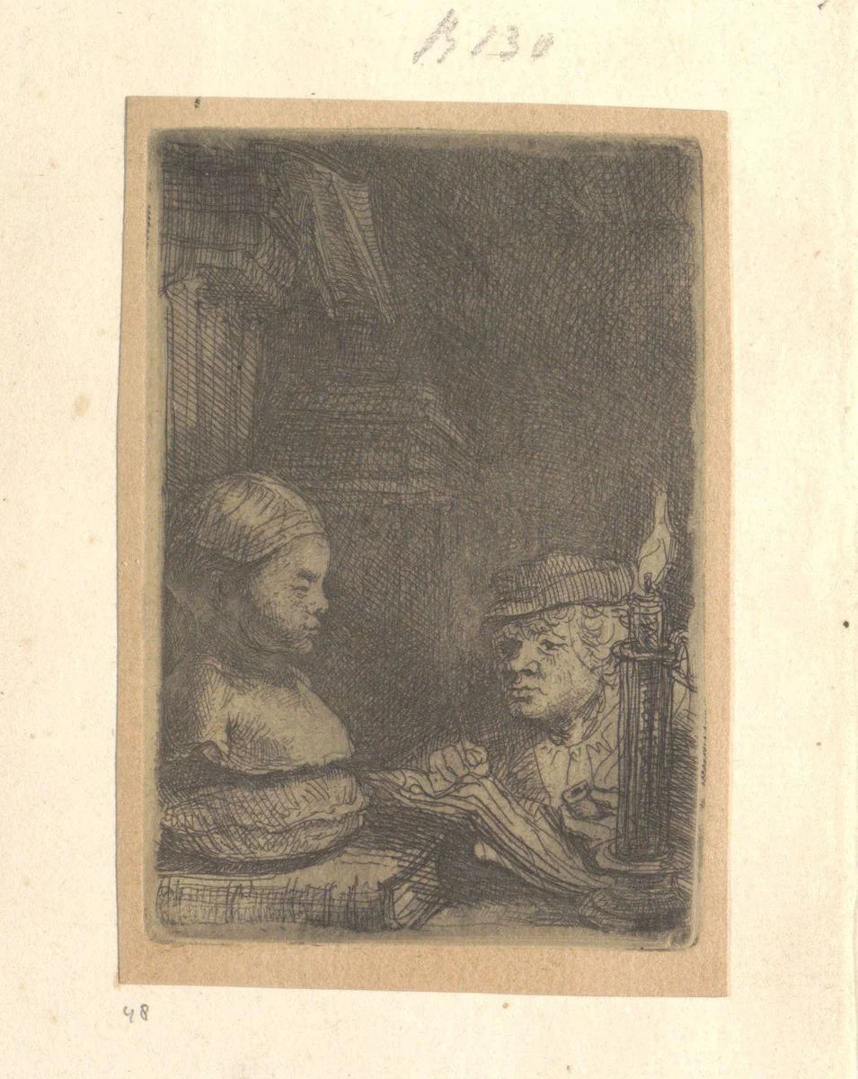 Man, tekenend naar een gipsmodel by Rembrandt van Rijn, book, 1639-1643