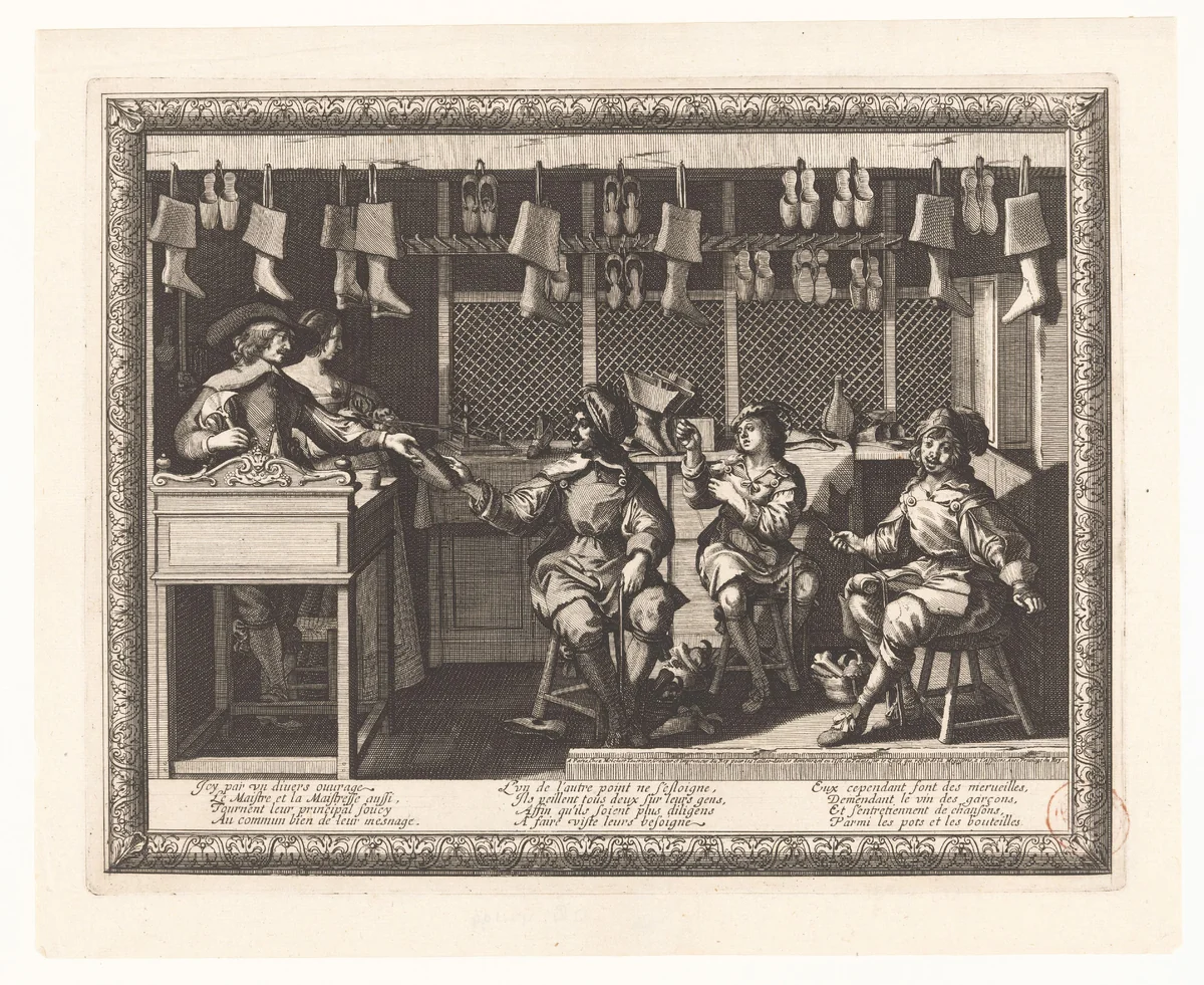 Schoenmaker en zijn vrouw in de winkel by Abraham Bosse, print, 1632-1633