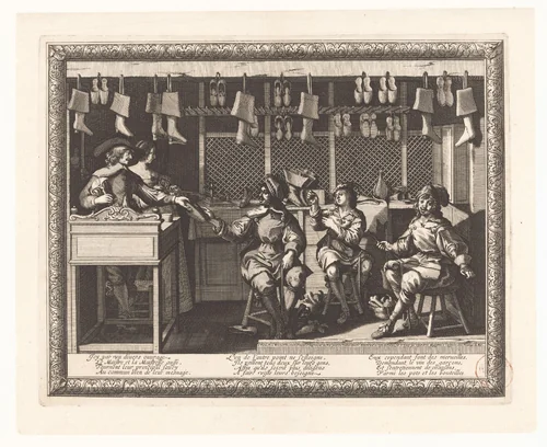 Schoenmaker en zijn vrouw in de winkel by Abraham Bosse, print, 1632-1633