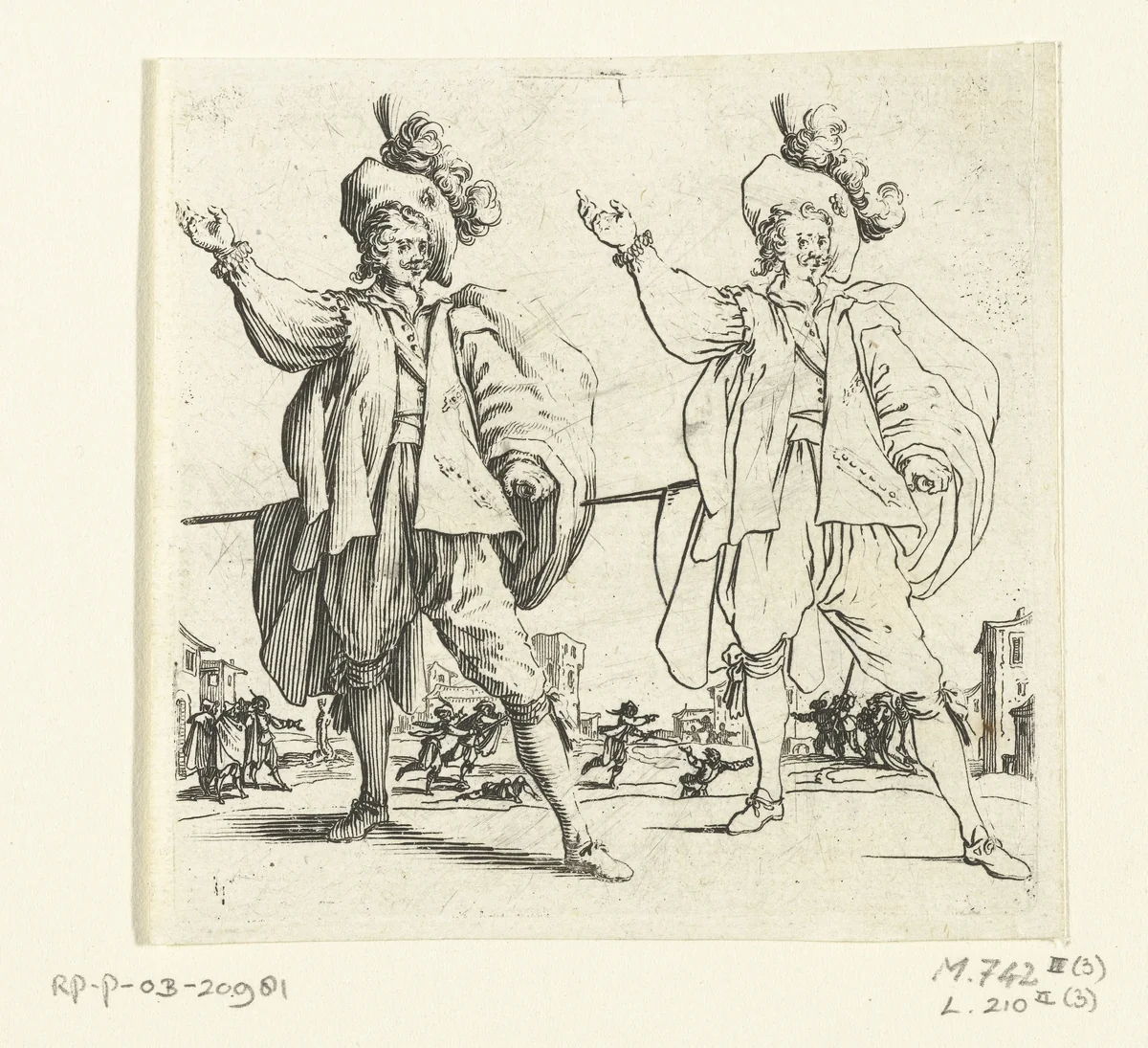 Tweemaal dezelfde soldaat met grote gepluimde hoed en opgeheven arm, van voren gezien by Jacques Callot, print, 1621-1624