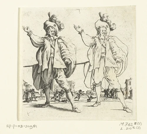 Tweemaal dezelfde soldaat met grote gepluimde hoed en opgeheven arm, van voren gezien by Jacques Callot, print, 1621-1624
