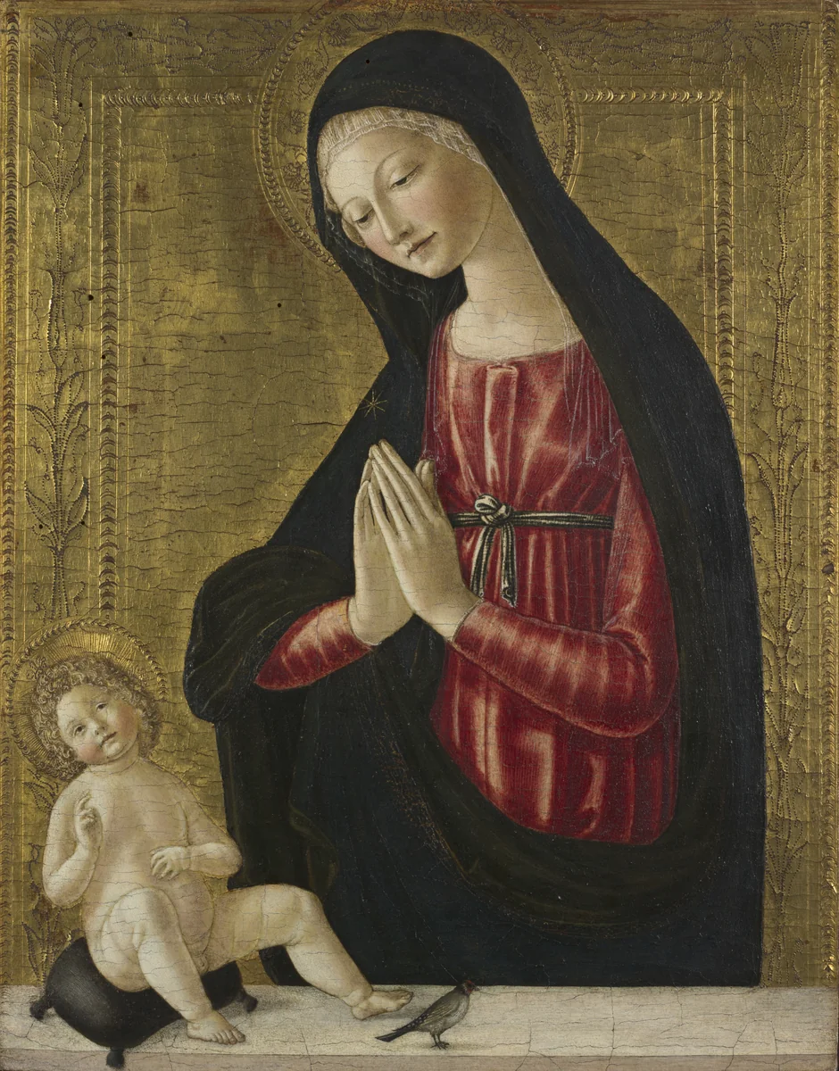 Virgin and Child with a Goldfinch by Neroccio de' Landi, painting, 1485-1495