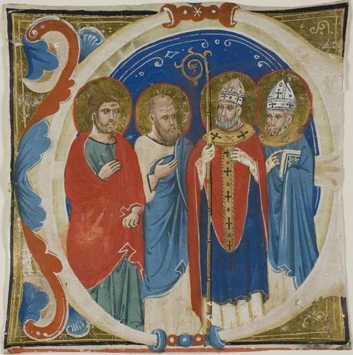 Two Saints and Two Bishops in a Historiated Initial "E" from a Choir Book by Italian, painting, 1335-1400