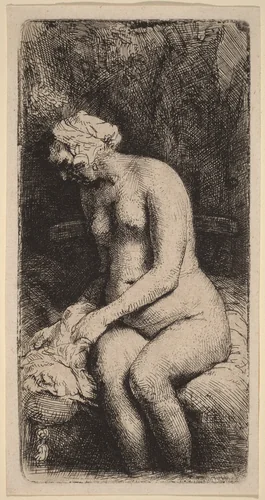 Nude Seated on a Bench with a Pillow (Woman Bathing Her Feet at a Brook) by Rembrandt van Rijn, print, 1658