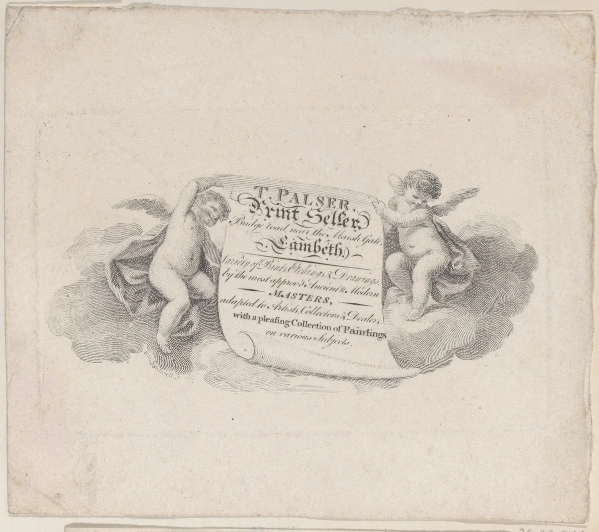 Trade Card for T. Palser, Printseller by anonymous, print, 1800-1900